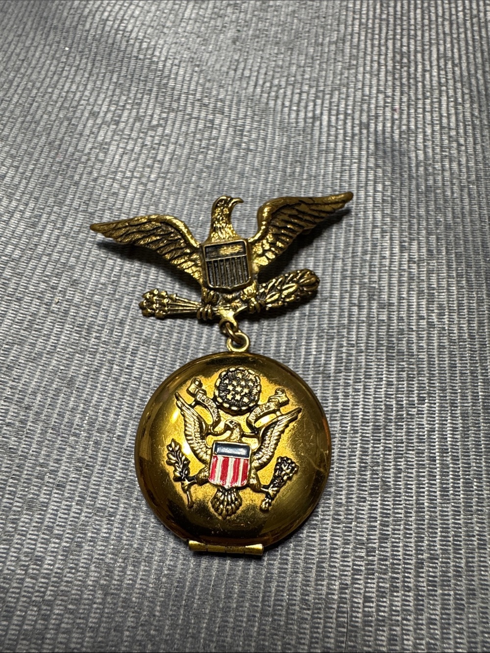 Vintage Source Unknown Gold Patriotic Eagle Brooch with Red and Blue Shield